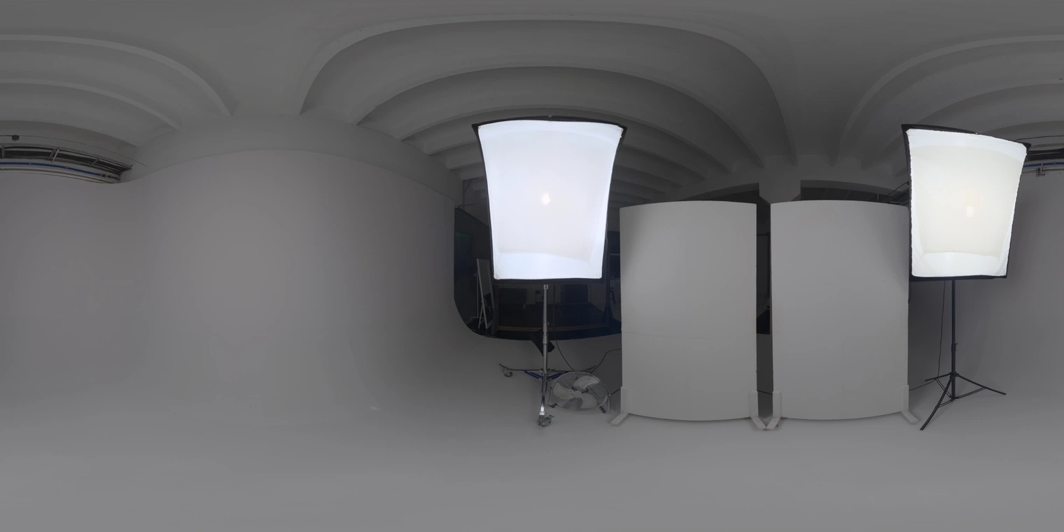 Free 20K unclipped HDRI - soft, low-contrast studio lights with rectangular softboxes and infinity cove; ideal for product, portrait, and indoor artificial-light renders.