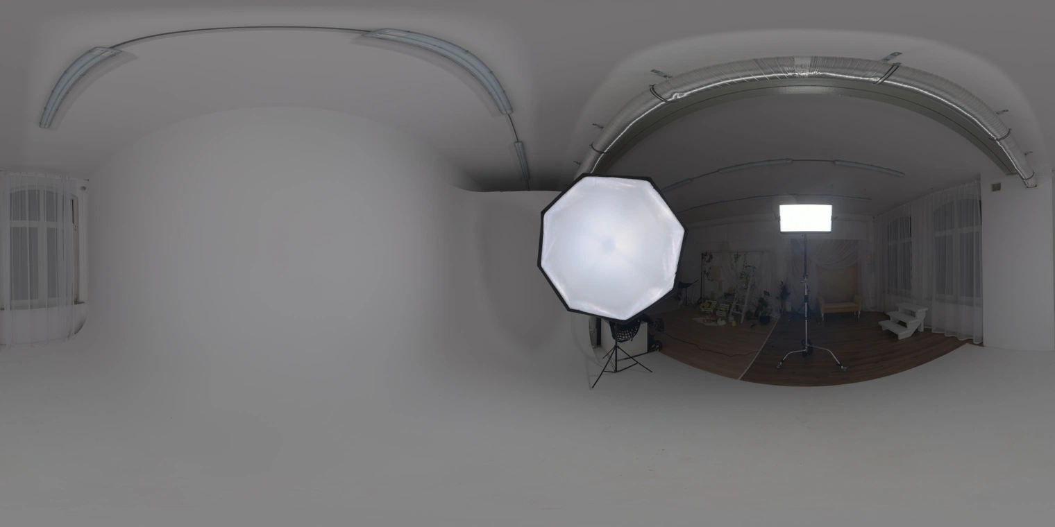 Free, unclipped 20K HDRI of a white infinity studio with softbox and umbrella lamps - clean, medium-contrast artificial light for product, portrait, and lookdev.