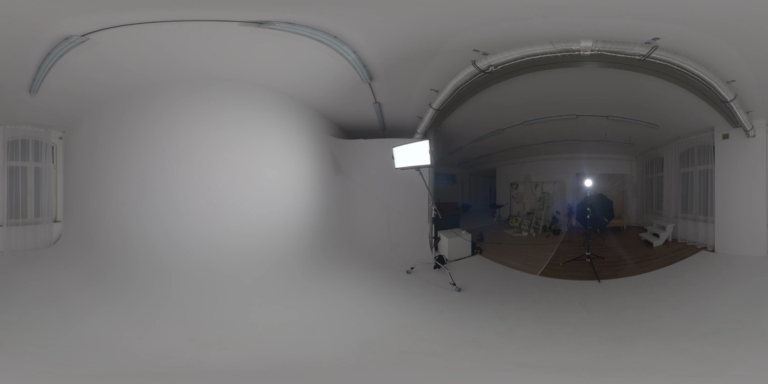 Free, unclipped 20K HDRI - white studio infinity backdrop with rect lamps; soft medium-contrast artificial light for product and portrait indoor/urban renders.