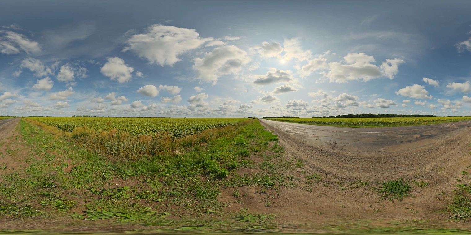 Free 16K unclipped HDRI: bright midday sun over a sunflower field and asphalt road, partly cloudy sky with crisp, high-contrast natural light and warm tones.