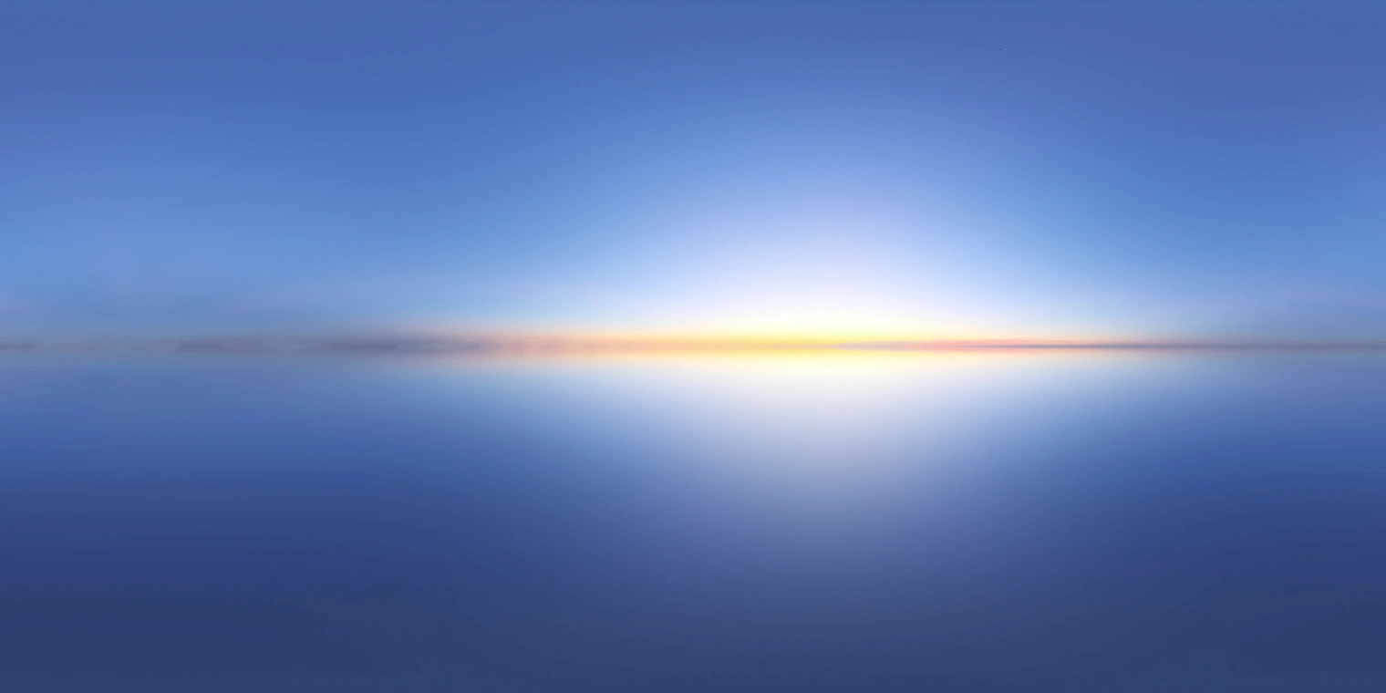 Free 16K unclipped HDRI - clear pure sky at sunrise with soft, low-contrast natural light: cool blue tones and a subtle warm horizon glow.