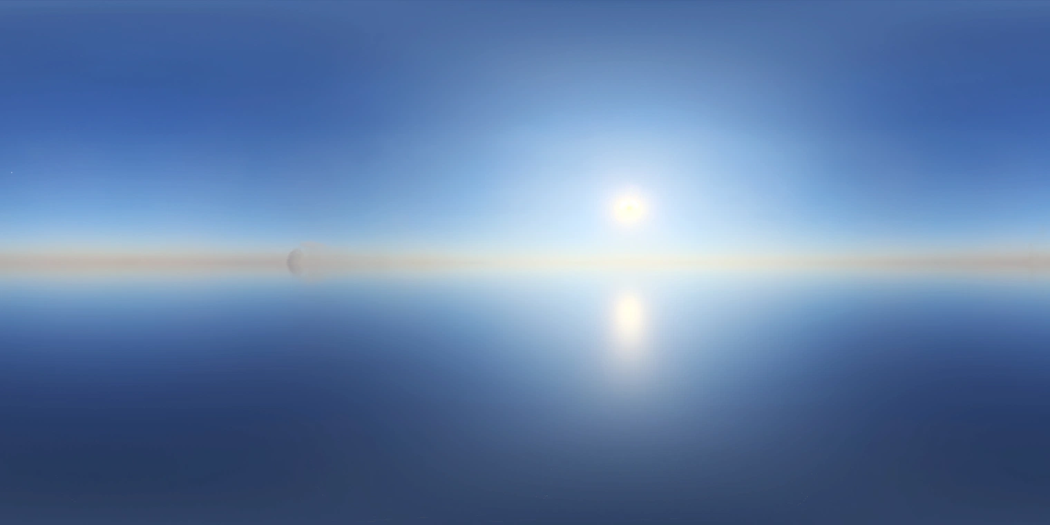 Unclipped, free 16K HDRI: clear pure sky with bright sun, warm horizon and crisp, high-contrast natural light.