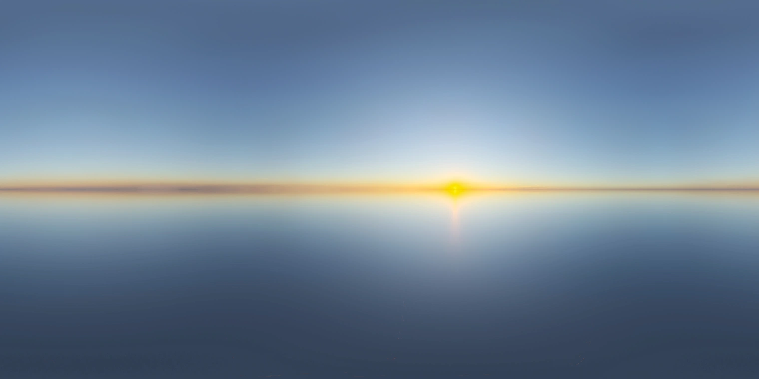 Free 16K unclipped HDRI: pure clear sunrise with low sun on the horizon, warm golden rim light, cool blue ambient, high-contrast lighting and a calm, serene mood.