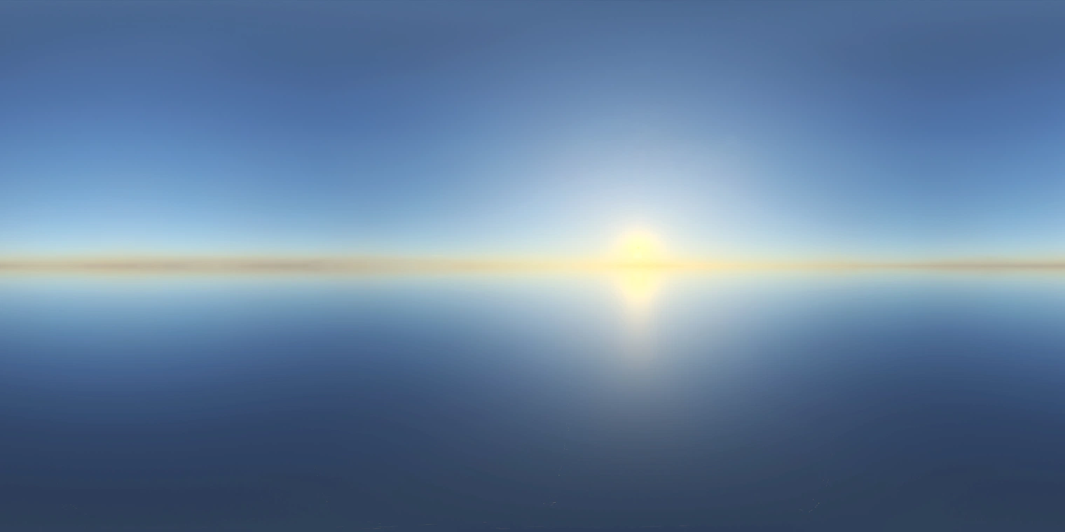 Free 16K unclipped HDRI with clear, low-contrast sunrise - soft golden horizon, cool blue sky, natural calm light and subtle haze/reflection.