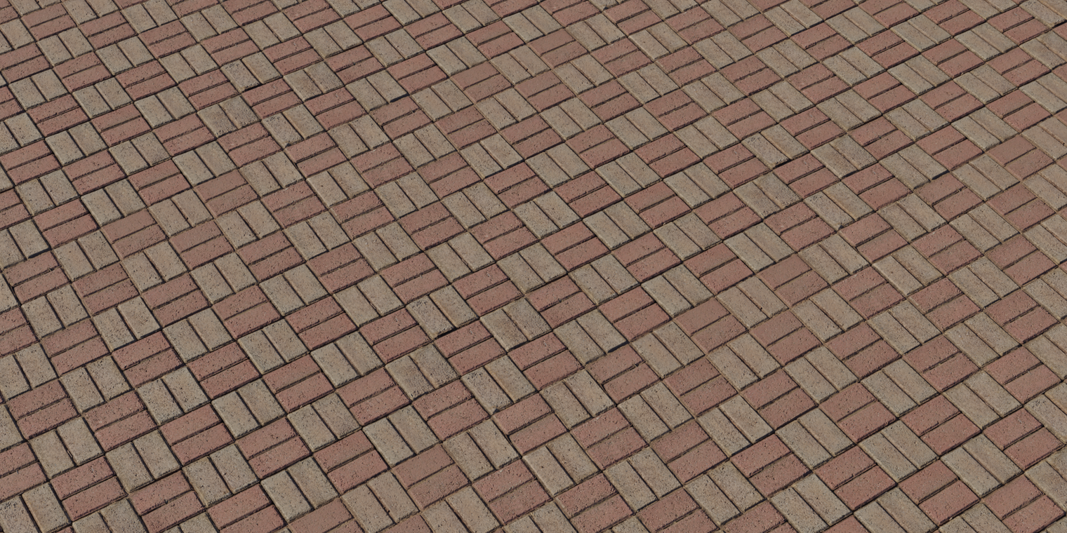 Free 8K texture showing a clean brick floor with alternating red and tan rectangular pavers, rough concrete surface and visible grout joints