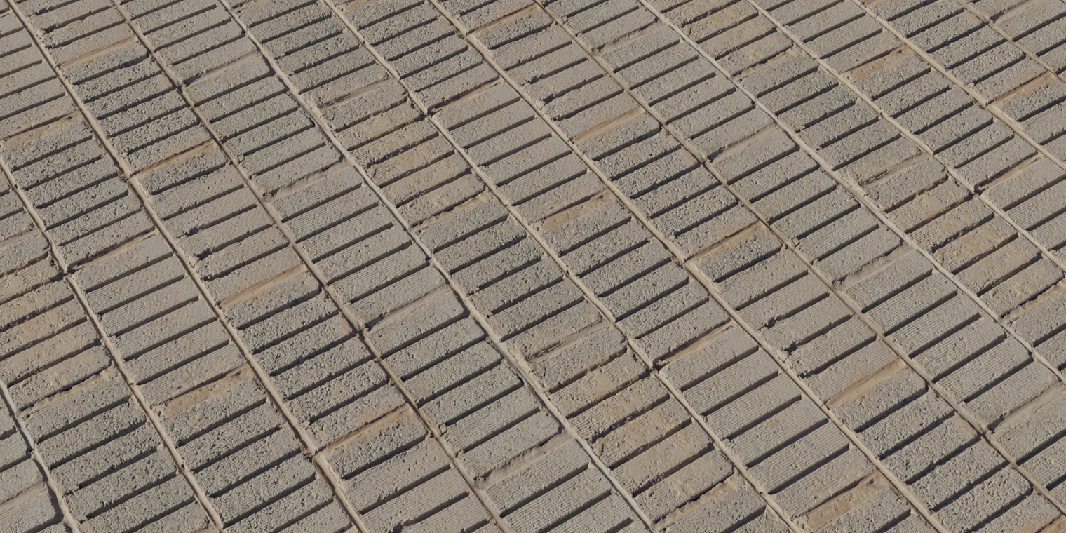 Free 8K texture of a weathered concrete brick wall, featuring rough, grooved bricks in narrow vertical grid lines, gritty cement and light surface staining.