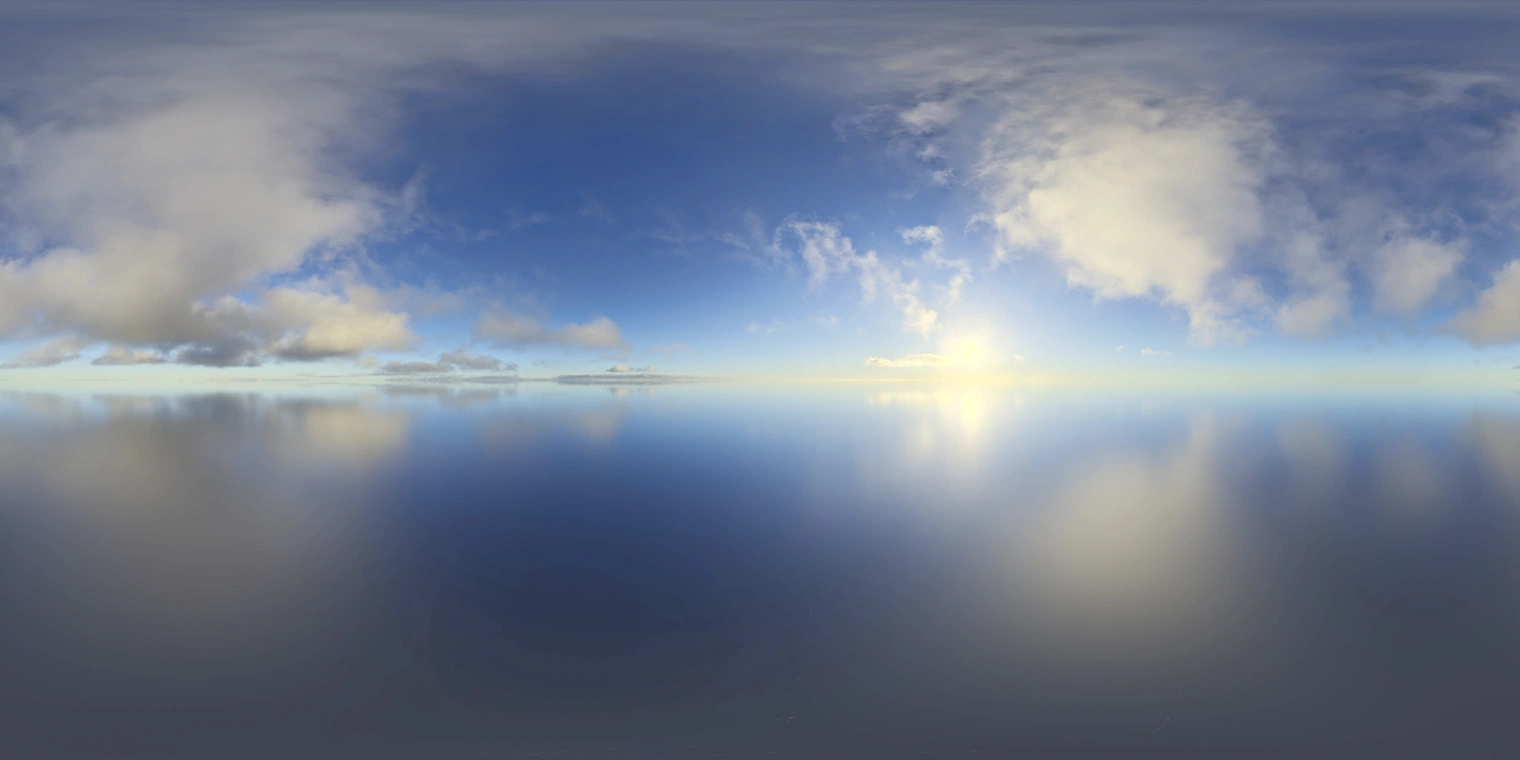 Free 16K unclipped HDRI of a pure sunrise sky: low warm sun, partly cloudy high-contrast natural light with soft clouds.