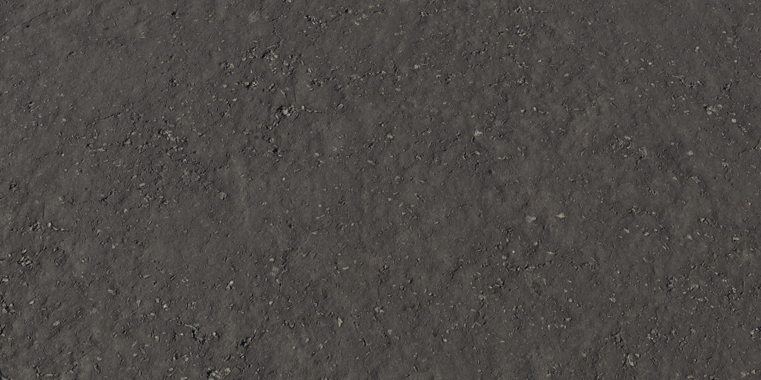 Free 8k texture of weathered tarred gravel - dark, compacted asphalt with embedded stones, gritty coarse surface, worn, uneven and bumpy with small cracks.