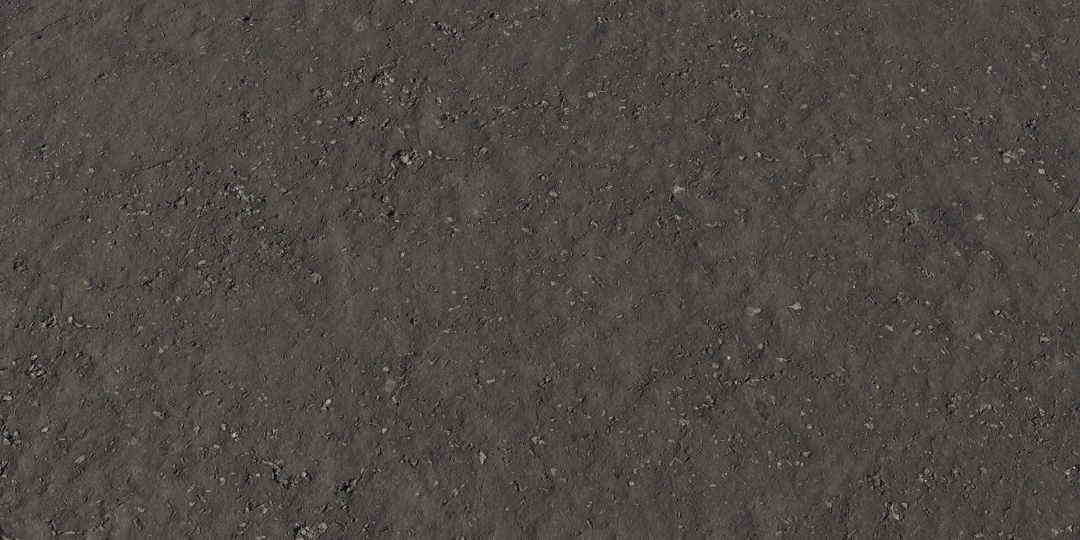 Free 8k texture of weathered tarred gravel - dark, compacted asphalt with embedded stones, gritty coarse surface, worn, uneven and bumpy with small cracks.