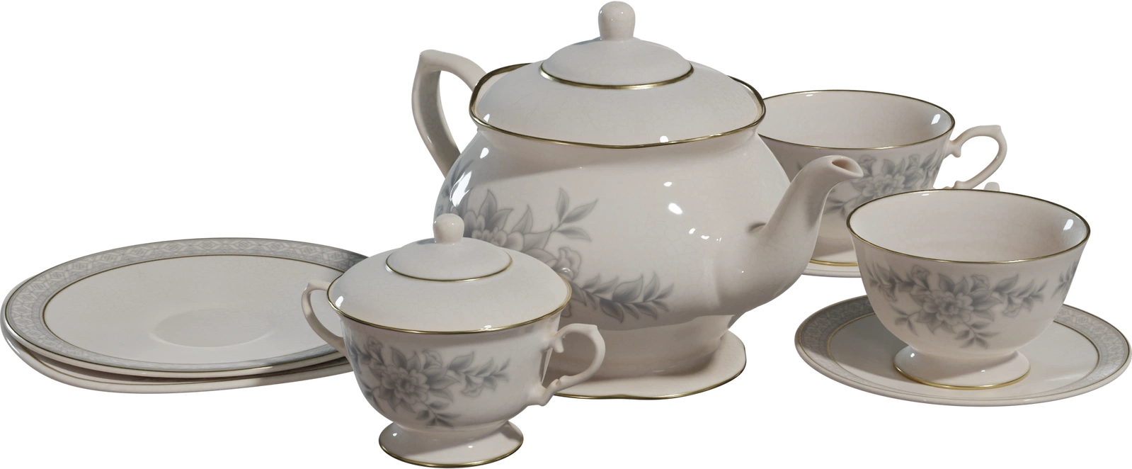 Free 8K model of an antique Victorian English ceramic tea set with ornate floral decals, gold trim, teapot, cups, saucers, perfect as decorative props and dishes.