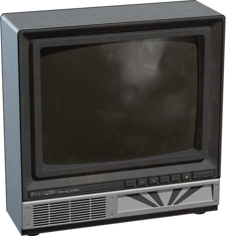 Free 8K model of a chunky retro CRT TV with scuffed glass, plastic bezel, push buttons, and vented metal speaker panel with sunburst decal and worn edges.