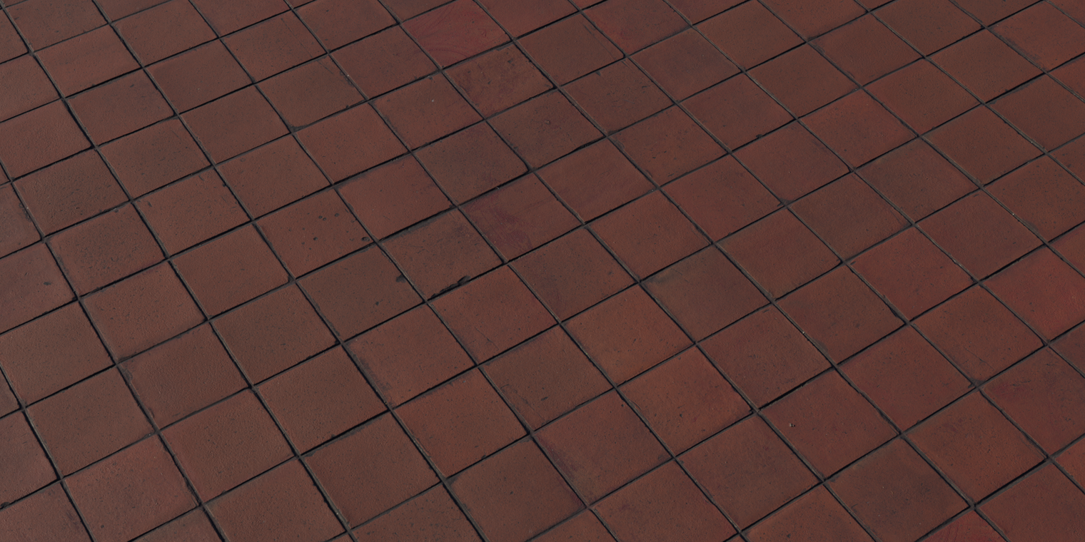 Free 8K terracotta floor tile material: warm red-brown squares with soft gloss, uneven surfaces, worn edges, and dark recessed grout lines with light stains.