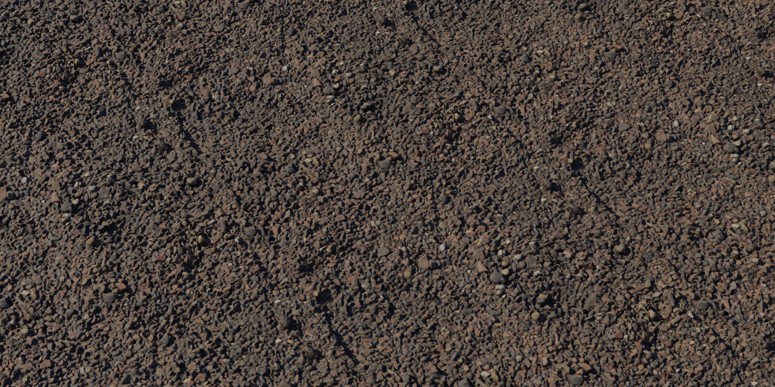 Free 8K texture: coarse reddish-brown gravel with compacted pebbles and rough, matte soil - mixed stone sizes, gritty detail, subtle color variation.