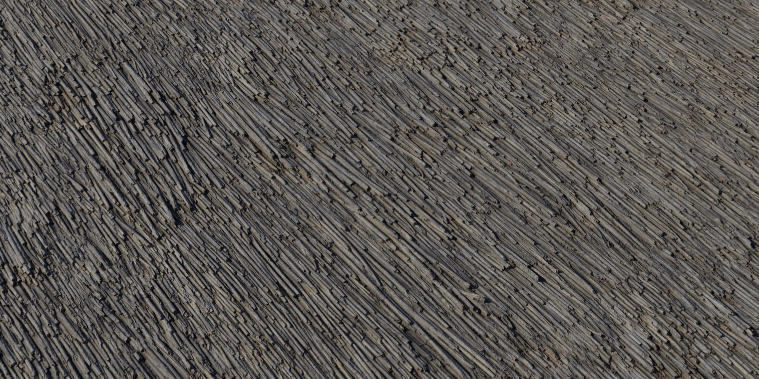 Free 8K texture: weathered thatch roof material with dense vertical reed bundles, rough fibrous straw, deep creases and subtle dry, aged color variation.