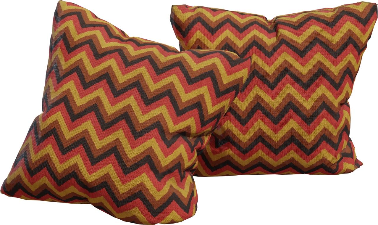 Free 4K model of two decorative throw pillows with bold African-inspired zigzag chevrons in red, orange and ochre on a textured woven fabric.