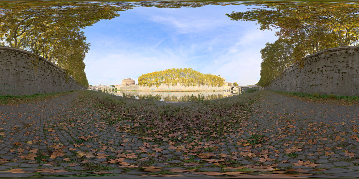 Free 16K unclipped HDRI. Autumnal Rome riverbank with cobblestone path and leafy canopy, soft morning/afternoon light, dappled shadows, medium contrast.