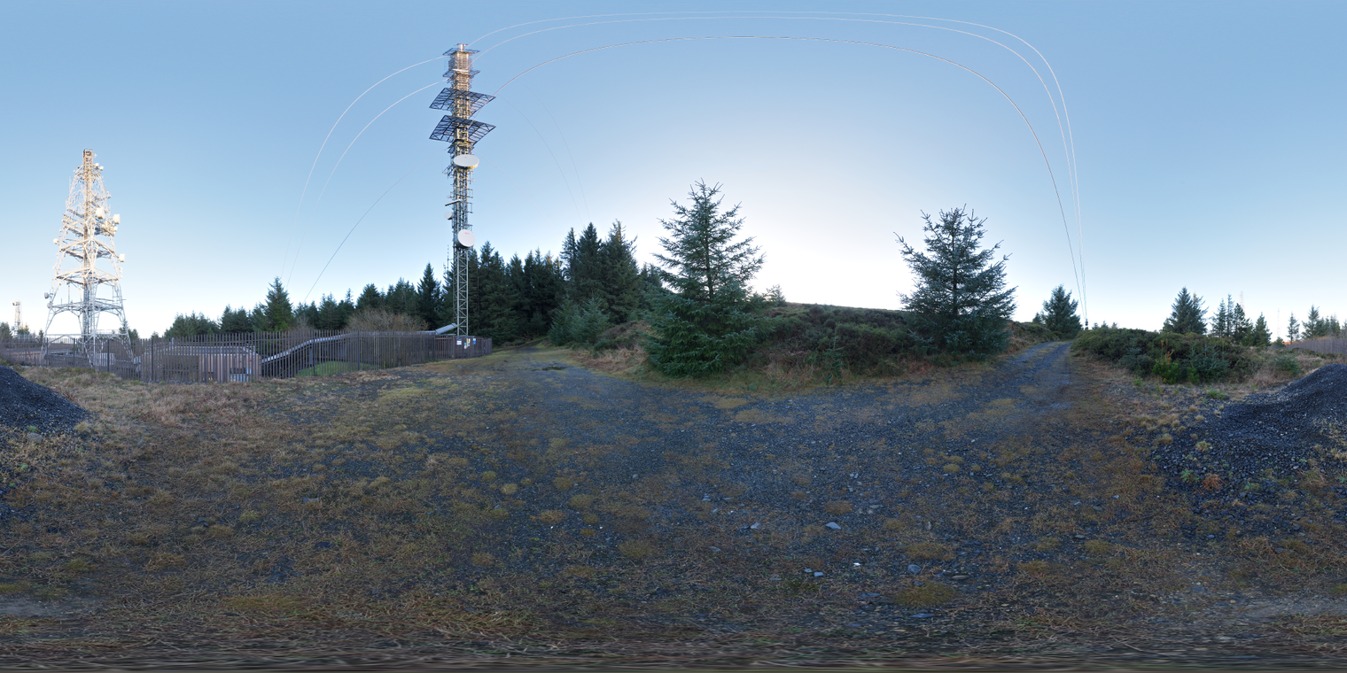Free 20k HDRI - unclipped. Clear, low-contrast sunrise with radio towers and pine trees.
