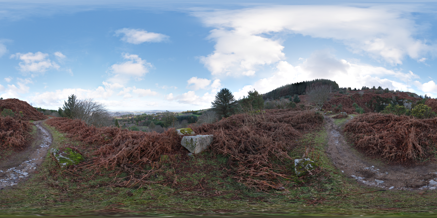 Free 20k unclipped HDRI: cool, soft daylight with scattered clouds over a bracken-covered hill, low-contrast natural lighting and a subtle shadows.