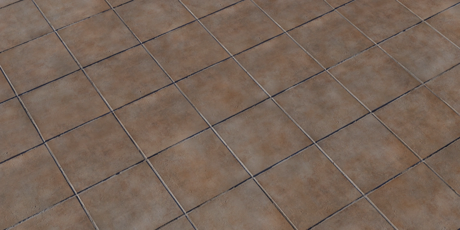 Free 8K material of large square ceramic tiles with warm brown tones, smooth but slightly uneven faces, thin recessed grout lines and subtle wear with fine micro-roughness.