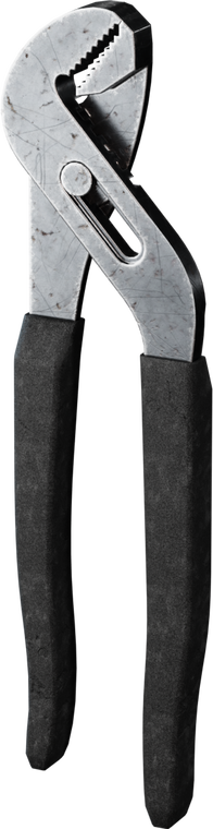 Free 4K model of tongue-and-groove pliers with adjustable slip joint, sharp serrated jaws, and worn steel. Grippy black rubber handles with subtle scuffs.