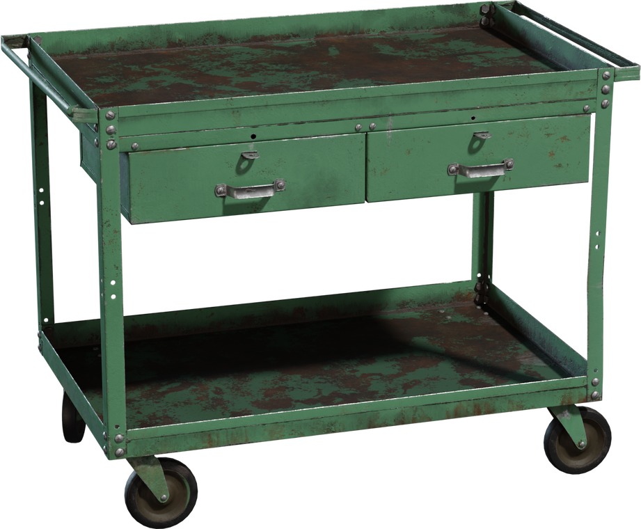 Free 8K model of a worn green metal tool cart with raised-lip top, lower shelf, two side drawers, riveted frame, chipped paint, rust, and casters.