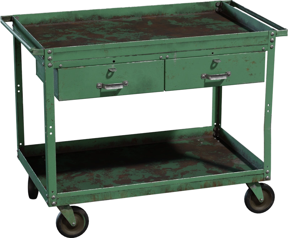Free 8K model of a worn green metal tool cart with raised-lip top, lower shelf, two side drawers, riveted frame, chipped paint, rust, and casters.