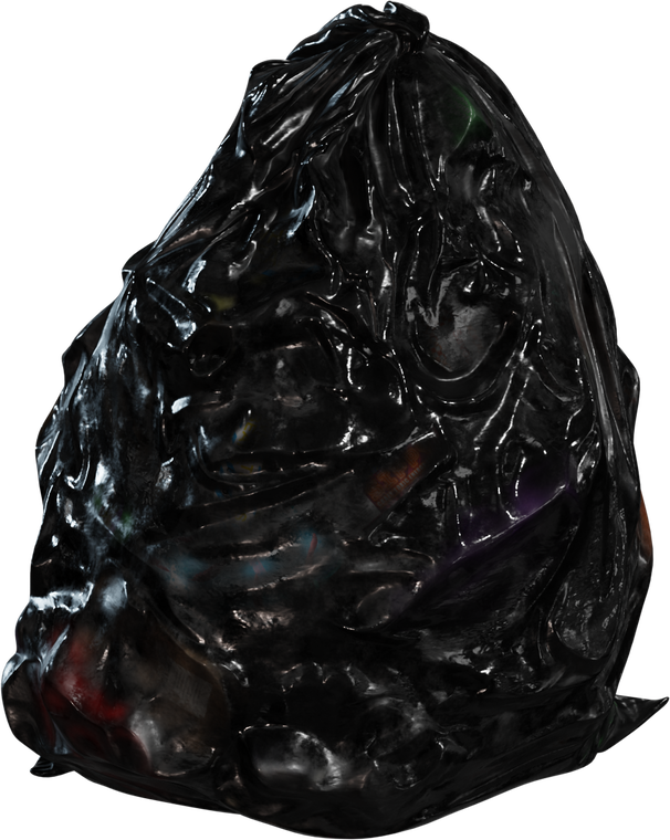 Free 8K model of a shiny black trash bag, crumpled and heavy with visible packaging under stretched plastic, rich folds, sharp creases, and grimy wear.