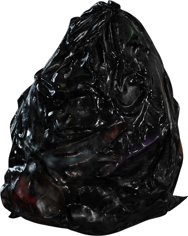 Free 8K model of a shiny black trash bag, crumpled and heavy with visible packaging under stretched plastic, rich folds, sharp creases, and grimy wear.