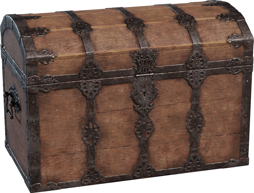 Free 8K model of a worn wooden treasure chest with ornate iron straps, rivets and a weathered, antique maritime look.