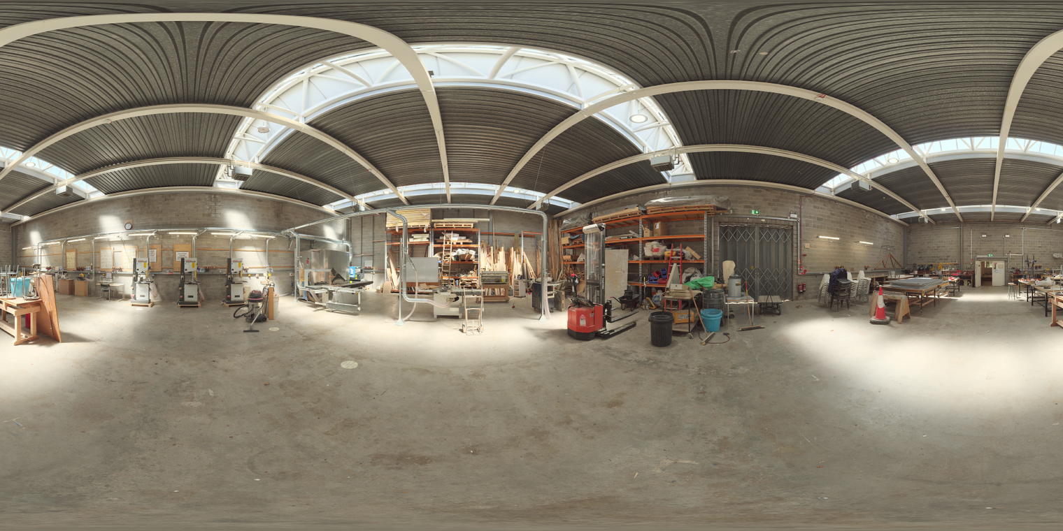 Free 20K HDRI, unclipped. Spacious industrial university workshop with high skylit ceilings and concrete floor - medium contrast; ideal for product, hard-surface and arch‑viz renders.