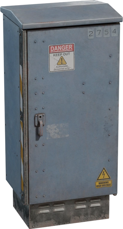 Free 8K model of an industrial urban utility box - weathered metal cabinet with rivets, high‑voltage stickers, latch and grime; great for city and road scenes.