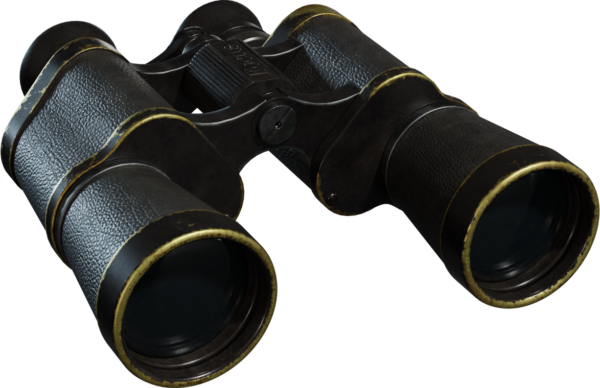 Free 4K model of vintage binoculars with worn brass rims, pebbled leather grips, aged black metal, crisp glass optics, and a detailed center focus wheel.