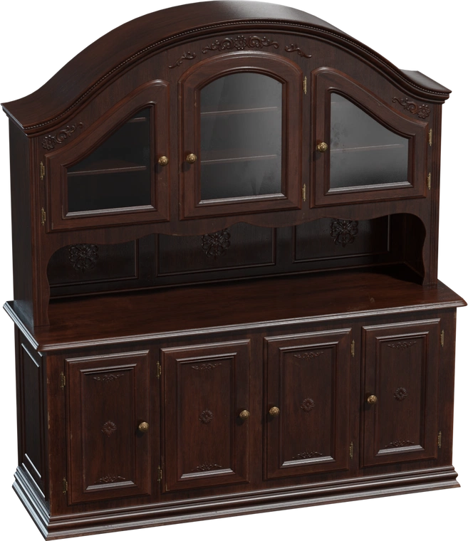 Free 8K model: varnished dark-wood vintage cabinet with carved detailing, glass-front upper doors, paneled lower cupboards and brass knobs.