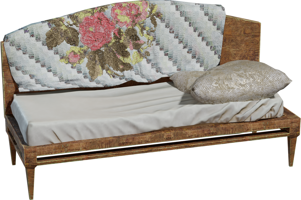 Free 8K model of a vintage day bed with worn carved wood, sagging cushion, laced pillow, and a draped floral quilt, rich in aged textures and detail.