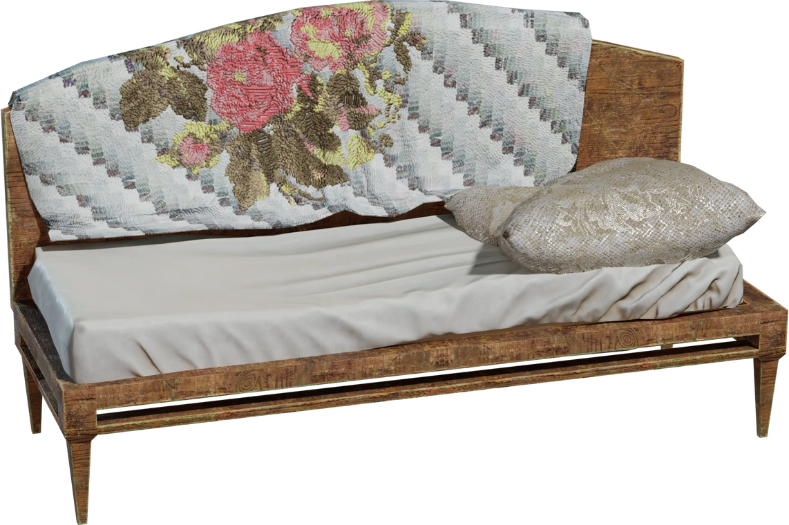 Free 8K model of a vintage day bed with worn carved wood, sagging cushion, laced pillow, and a draped floral quilt, rich in aged textures and detail.