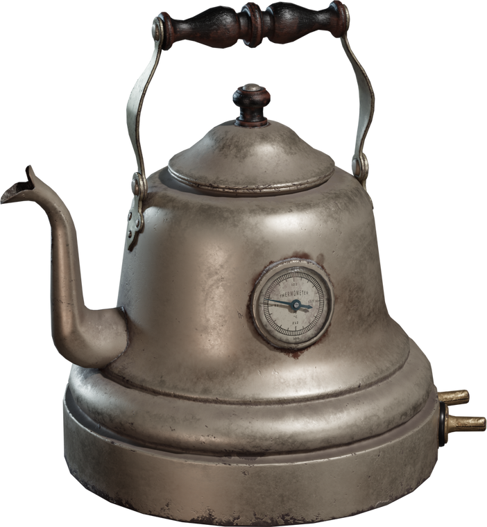 Free 4K vintage electric kettle with worn metal body, gooseneck spout, wood handle, and front thermometer gauge, detailed patina, dents, and brass fittings.