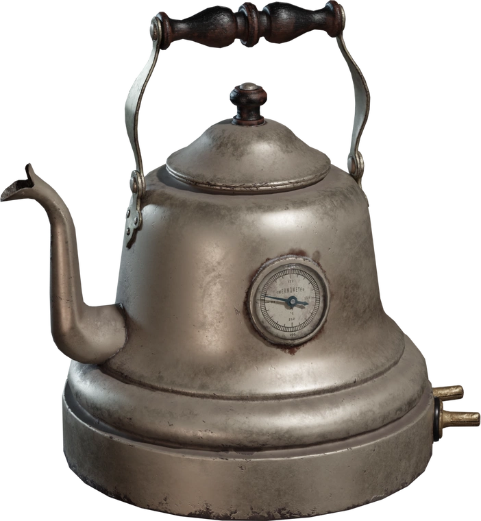 Free 4K vintage electric kettle with worn metal body, gooseneck spout, wood handle, and front thermometer gauge, detailed patina, dents, and brass fittings.