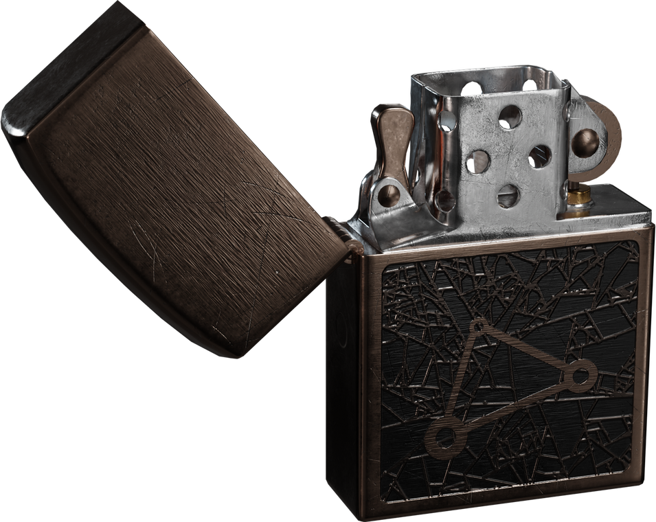 Free 4k model of a vintage flip-top lighter with worn bronze finish, scratched surfaces, polished chrome insert and etched geometric emblem, realistic patina.