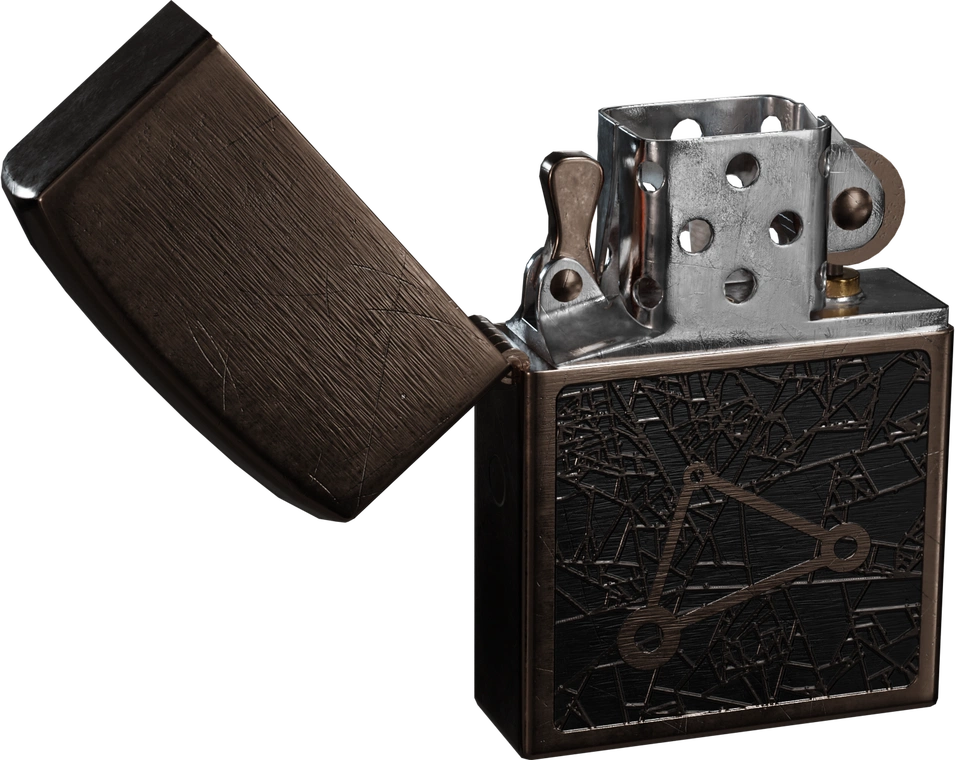 Free 4k model of a vintage flip-top lighter with worn bronze finish, scratched surfaces, polished chrome insert and etched geometric emblem, realistic patina.