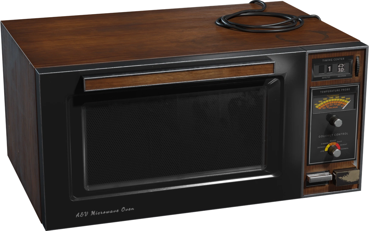Free 8K model of a vintage microwave with analog controls, boxy form, subtle wear, crisp details, clean geometry, and realistic materials.