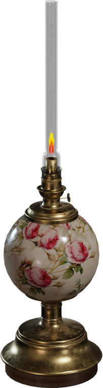 Free 4K model, ornate Victorian oil lamp with brass base, floral porcelain globe, tall glass chimney and lit wick - detailed antique decorative charm.