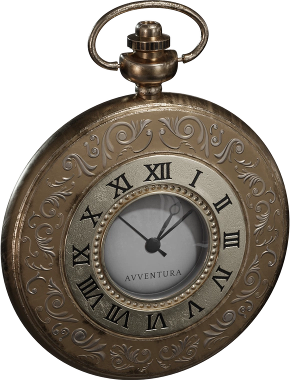 Free 4K model of an ornate gold vintage pocket watch with embossed filigree case, Roman numerals, visible mechanical hands and an aged, slightly worn patina.
