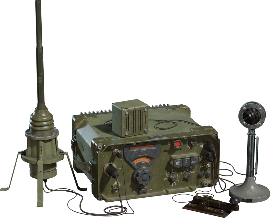 Free 4K model of a vintage military radio transceiver with weathered olive-drab case, frequency dial, cables, whip antenna, desk mic and Morse key.
