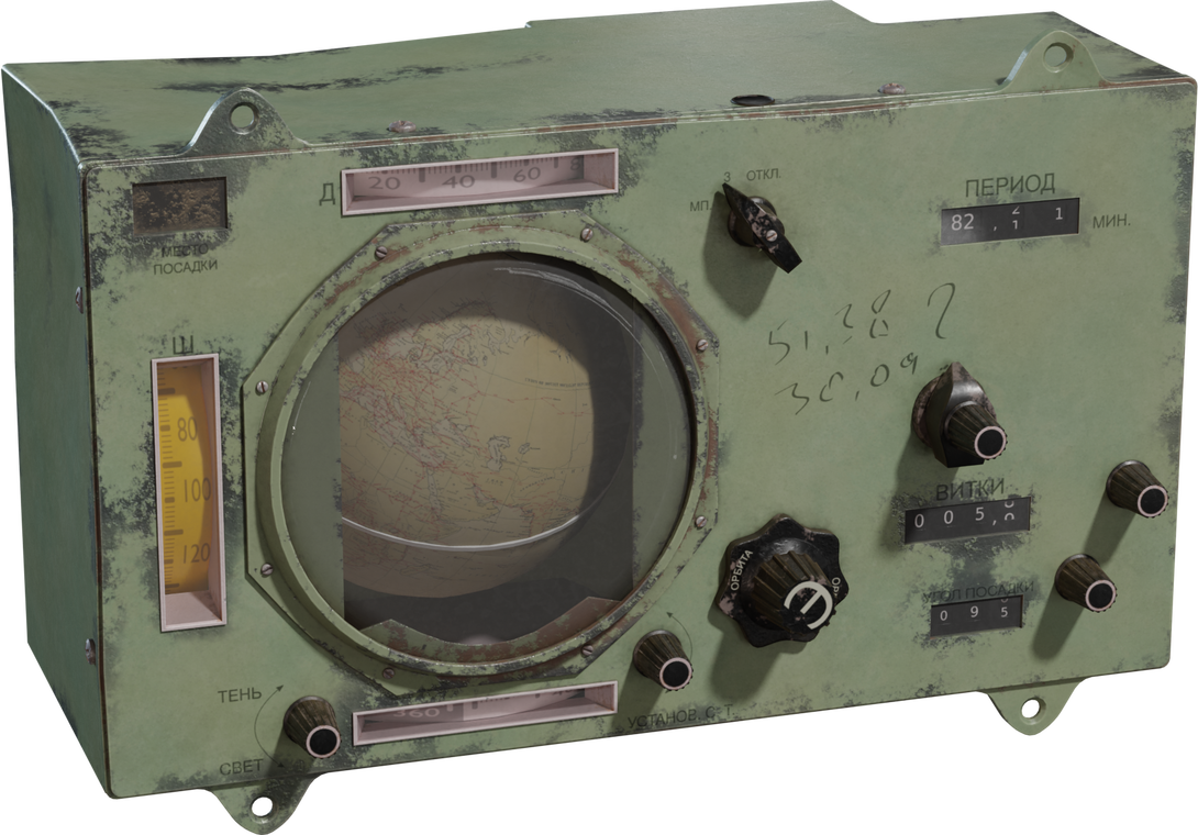 Free 8K model of a weathered vintage spacecraft panel with glass globe display, chipped green paint, Cyrillic labels, metal knobs, and hand‑scribbled marks.