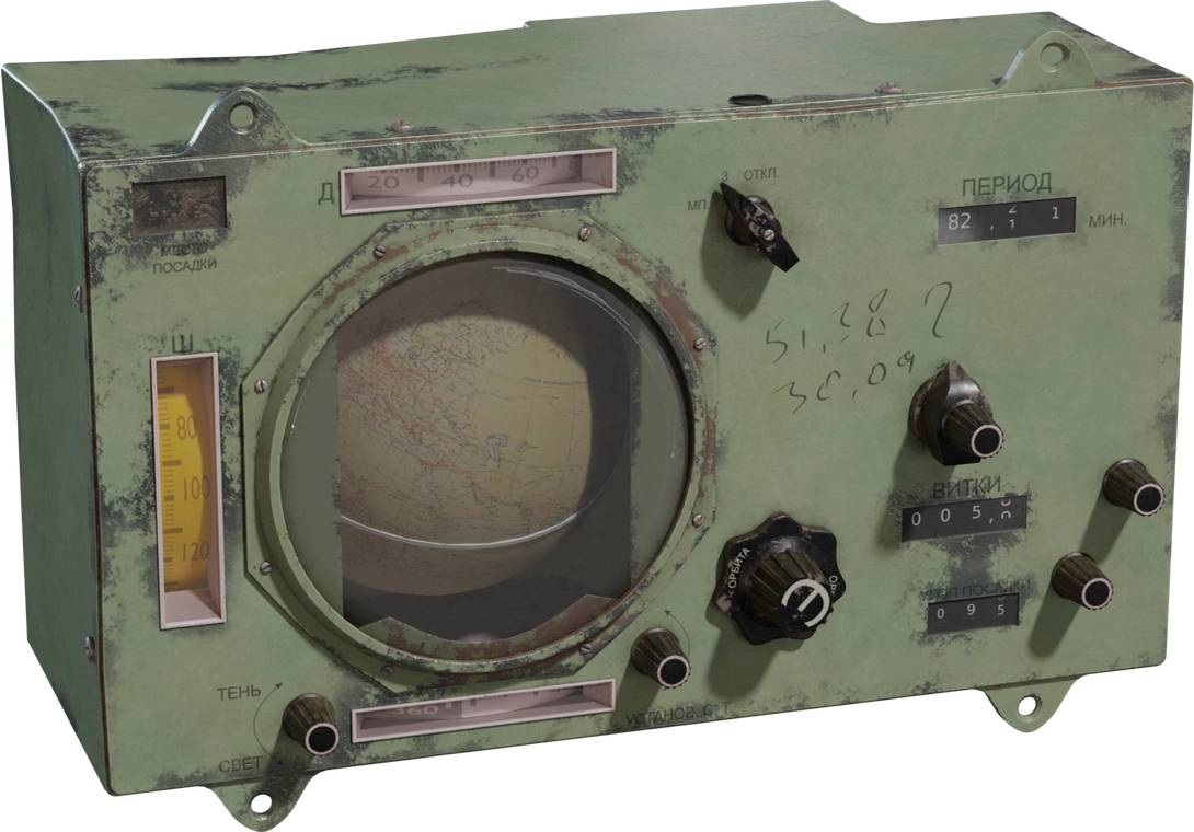 Free 8K model of a weathered vintage spacecraft panel with glass globe display, chipped green paint, Cyrillic labels, metal knobs, and hand‑scribbled marks.