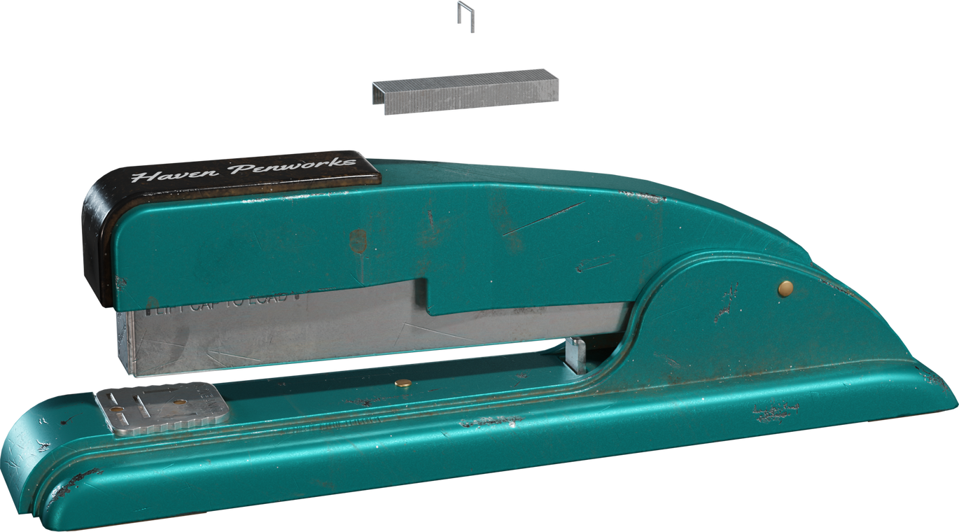 Free 4k model of a vintage teal metal stapler with worn paint, scratches, brass rivets and chrome striker; retro script label and realistic aged details.
