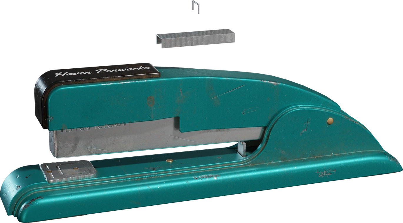 Free 4k model of a vintage teal metal stapler with worn paint, scratches, brass rivets and chrome striker; retro script label and realistic aged details.