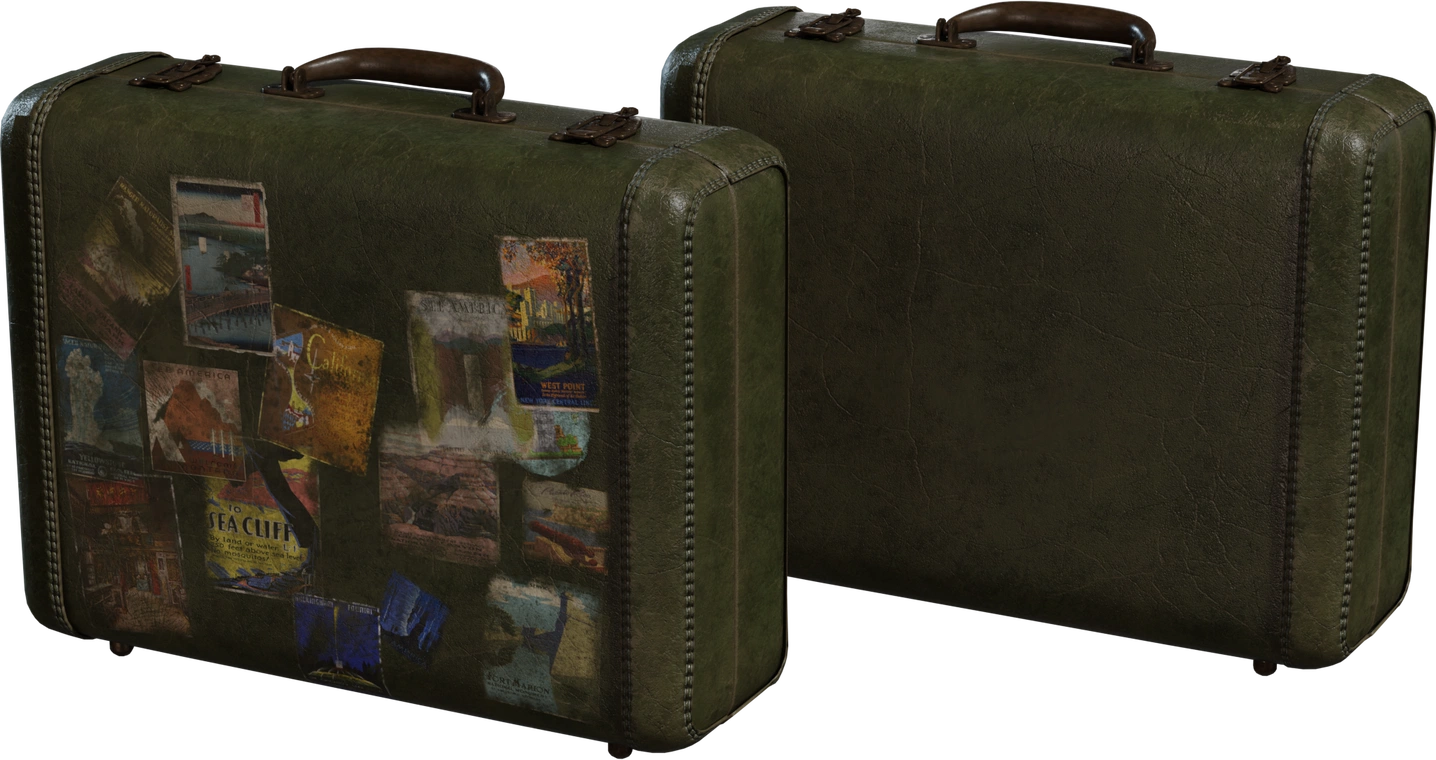 Free 8K vintage suitcase model with worn green leather, stitched edges, rusted clasps and weathered travel stickers, showing rustic, hand-made aged character.