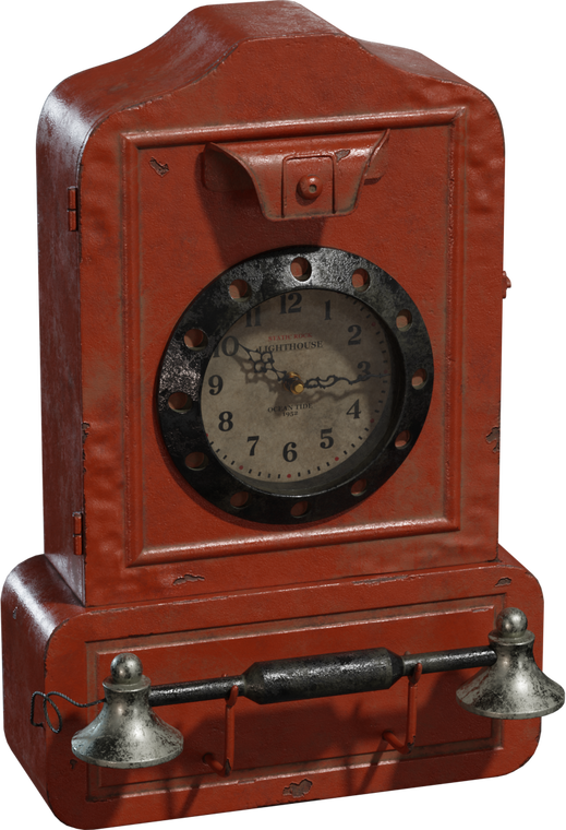Free 4k model of a vintage red metal telephone wall clock with chipped paint, rotary-style dial, ornate clock hands and a worn, tarnished handset.