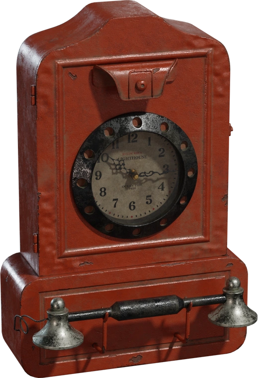 Free 4k model of a vintage red metal telephone wall clock with chipped paint, rotary-style dial, ornate clock hands and a worn, tarnished handset.